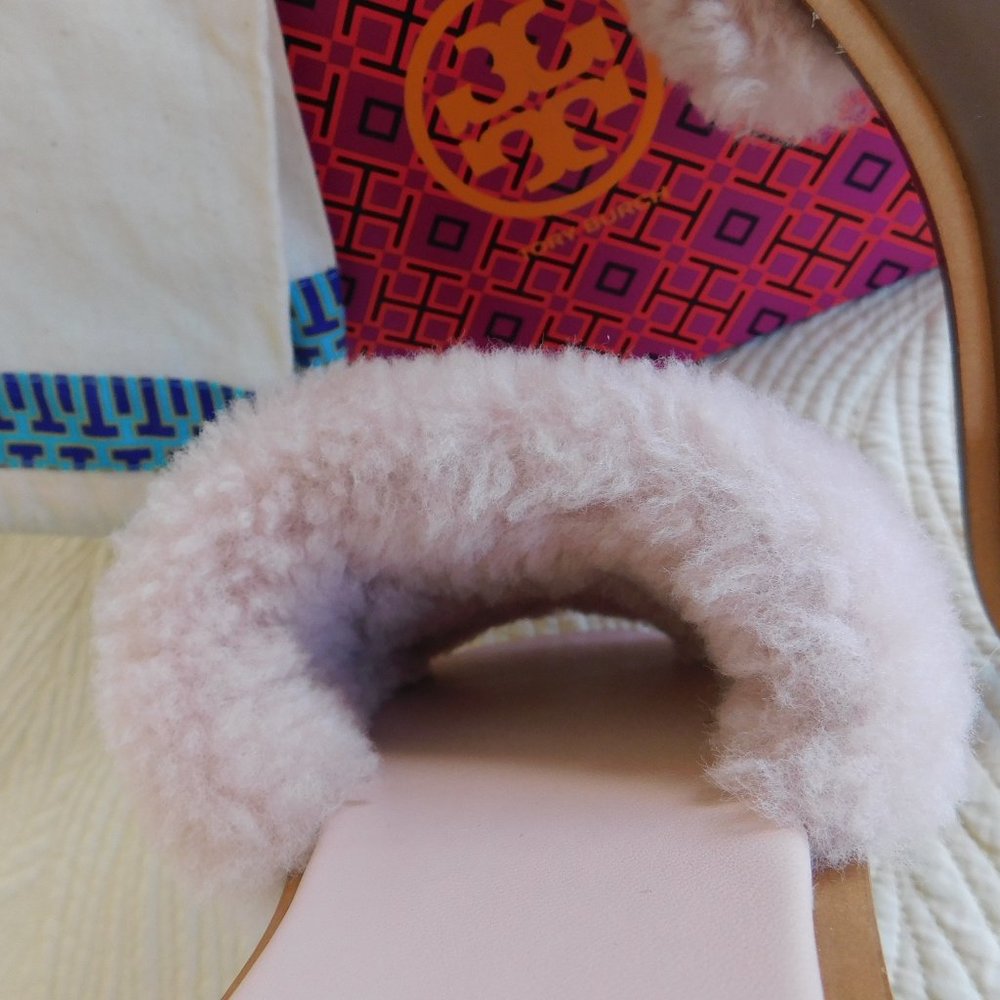 New Tory Burch Aspen Shearling sandals Sea Shell pink crystal embellished slides - Picture 12 of 16